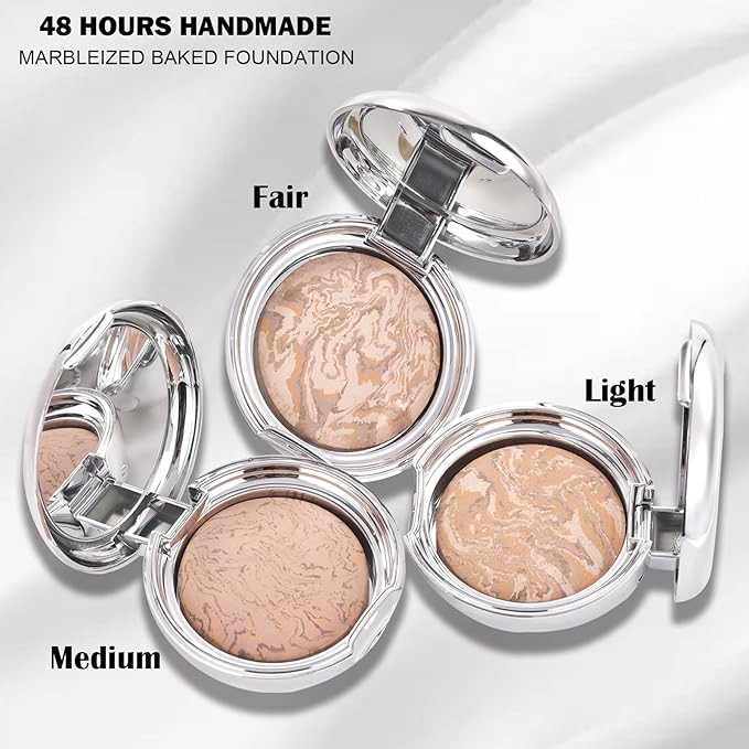 Marbleized Baked Foundation Makeup, Balance and Brighten Color Correcting Powder Foundation - Buildable Light to Medium Coverage - Demi-Matte Natural Finish (#003 MEDIUM, 0.32 Oz)
