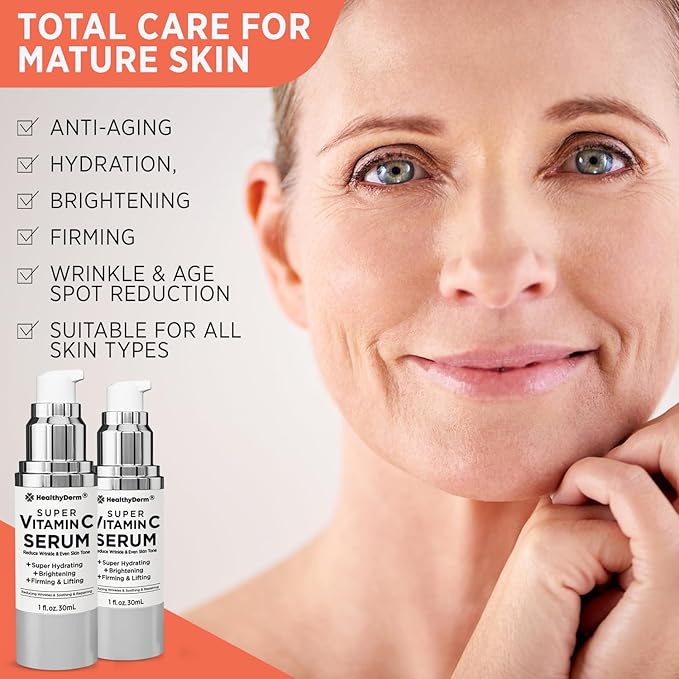Super Vitamin C Serum for Women Over 70: Niacinamide, Vitamin C, Hyaluronic Acid, Peptides, Vitamin E, Caffeine, Bakuchiol, Hydrating, Lifting, Wrinkle & Age Spots Reduction Pack of 2