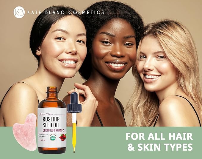 Kate Blanc Cosmetics Rosehip Oil for Face with Pink Gua Sha Stone (1oz, Organic, Pure, Cold Pressed) Rosehip Seed Face Oil for Gua Sha Massage
