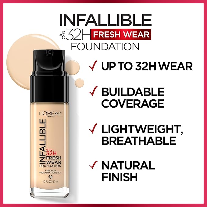 L'Oreal Paris Makeup Infallible Up to 32 Hour Fresh Wear Lightweight Foundation, 411 Beige Ivory, 1 Fl Oz, Packaging May Vary