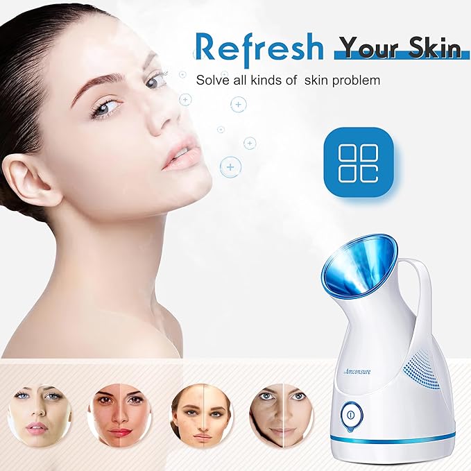 Amconsure Facial Steamer - Nano Ionic Face Steamer Warm Mist Steamer for Home Sauna SPA, Humidifier for Deep Cleaning Unclogs Pores Sinuses(Blue)