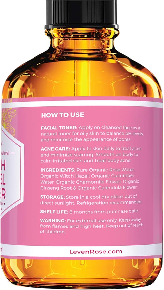 Witch Hazel Alcohol Free Toner by Leven Rose, 100% Pure Organic Facial Rose Water with Rose Petals, Calendula, Cucumber, and Chamomile Flower 4 oz