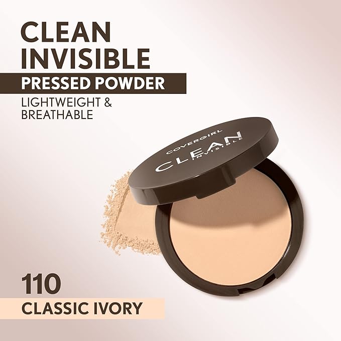 Covergirl Clean Invisible Pressed Powder, Lightweight, Breathable, Vegan Formula, Classic Ivory 110, 0.38oz