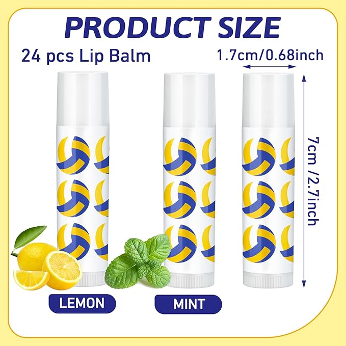 24 Pcs Volleyball Lip Balm Volleyball Team Gifts Volleyball Party Favors Volleyball Lip Balm Gift for Volleyball Team Volleyball Party Guest Supplies (Blue,white,yellow)