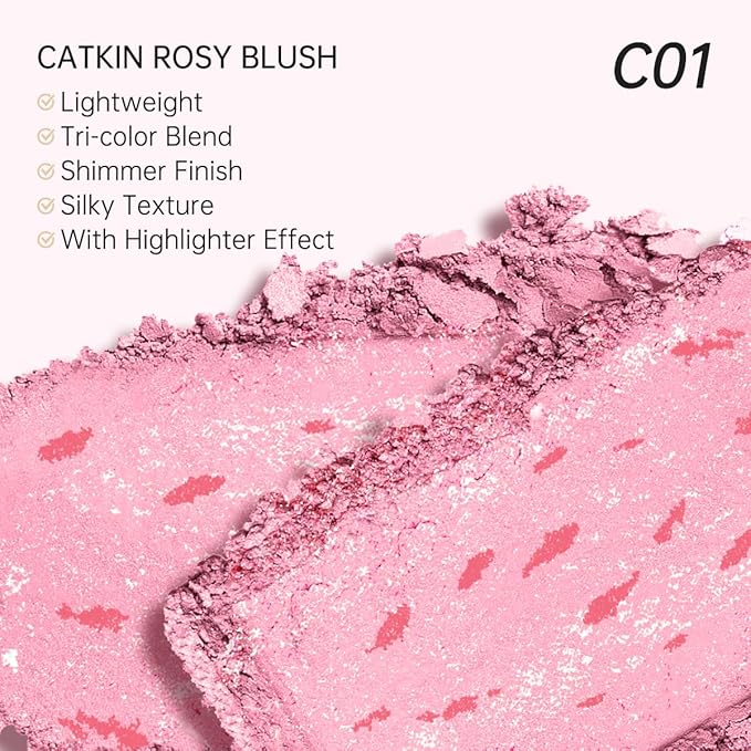 CATKIN Powder Blush for Cheek Blusher Natural Shimmering Blush & Highlight 2 in 1 Creamy Blendable Baked Blush Palette 10g C01 Drunk in Blossom