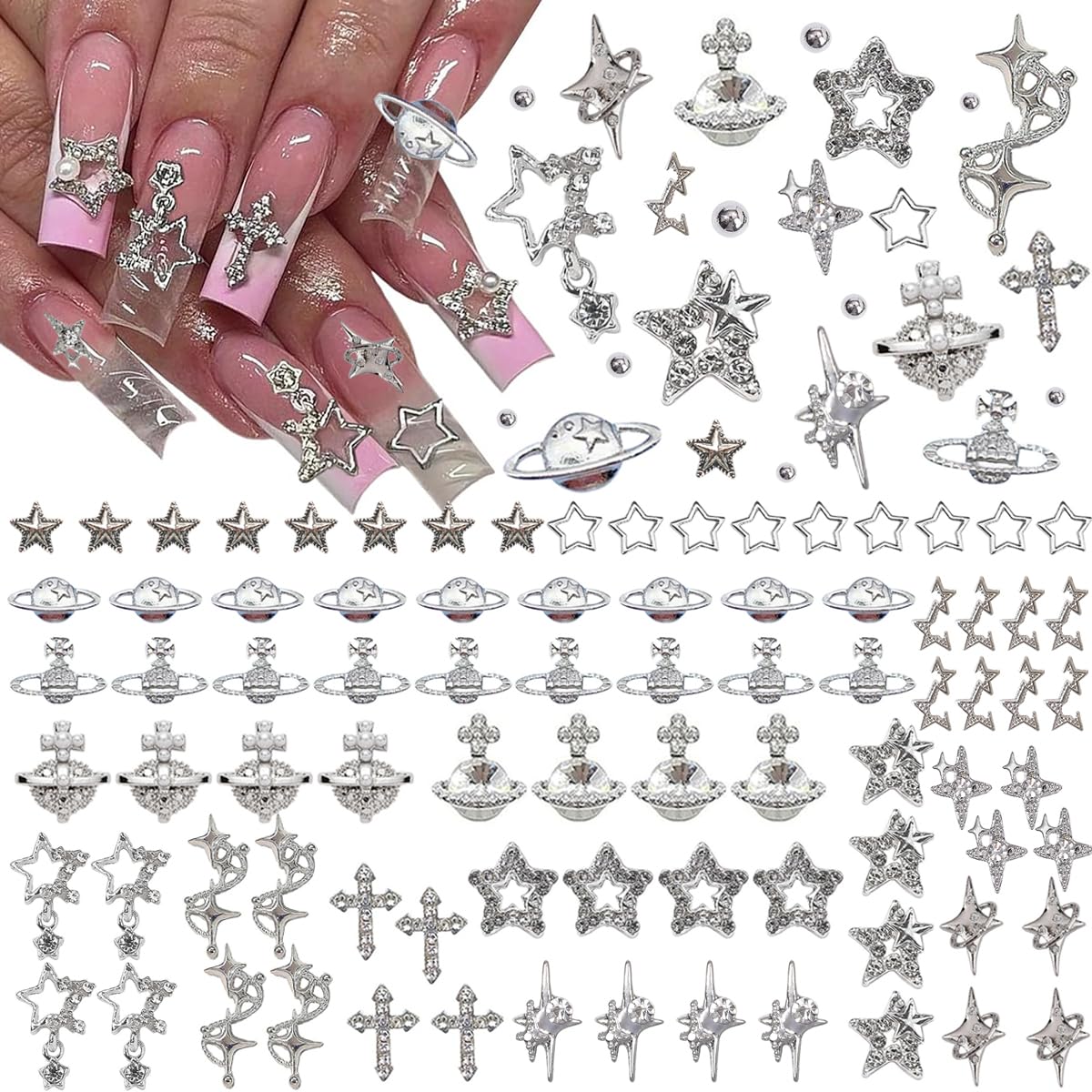 120+ Pcs Star Nail Charms Inlaid Rhinestones Gems, Silver Star Planet Cross Nail Art Decorations Shiny Jewelry for Acrylic Nail Accessories for Women Girl Manicure DlY Crafts Supplies