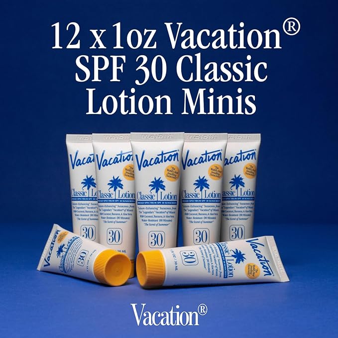 Vacation Mini Classic Sunscreen SPF 30, Water-Resistant, Bulk Suntan Lotion, Bachelorette Party Favors, Beach Must Haves, Traveling Essentials, Travel Size, 1 Fl. Oz. (Value Pack of 12)