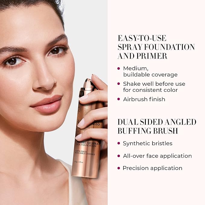 LUMINESS Airbrush Spray Silk Foundation Starter Kit - Tan - Foundation, Primer & Dual-Sided Angled Buffing Brush - Medium, Buildable Coverage, Anti-Aging Formula Hydrates & Moisturizes