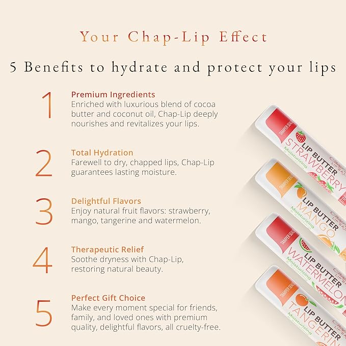 CHAP-LIP Original Lip Balm Hydrating Bulk Chap Stick with Fruit Flavors, Coconut Oil, and Cocoa Butter - Lip Therapy Pack for Men and Women - Gift Set Made in the USA, 24 Pack