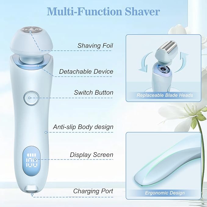 Livora Electric Shaver for Women, 2 in 1 Wet & Dry Bikini Trimmer with 2 Removable Heads, The Glide Pro 3.0 Razor, Painless Hair Removal for Bikini, Legs, Underarms, Body (Blue)