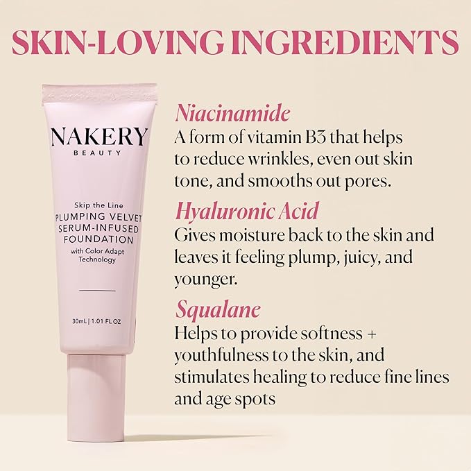 Nakery Skip the Line Full Coverage Foundation for Women - Plumping Velvet Womens Foundation Makeup Matte Finish - Age Defying Foundation - Moisturizing Foundation with Smart Color Adapt - Medium Deep