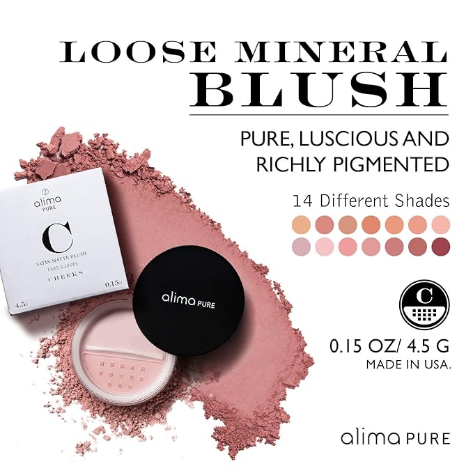 Alima Pure Loose Mineral Blush, Powder Blush Makeup, Cheek Tint Face Blushes with Satin Matte Finish, Pink Blush Makeup, Talc Free Blush, Natural Blush for cheeks Vegan Blush .15 oz/ 4.5 g