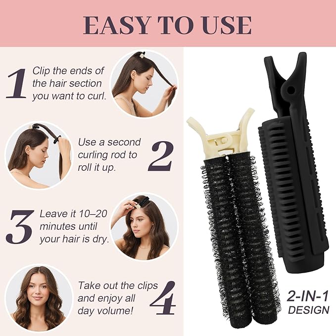 4PCS Volumizing Hair Clips for Root Lift & Volume - Instant Bangs Roller Clips for Effortless Curls & Lift - Velcro Rollers For Hair - Hair Rollers For Women - Black