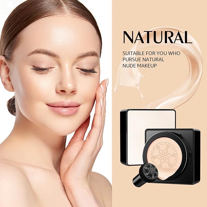 Air Cushion CC Cream Mushroom Head - Moisturizing & Oil Control Screw Lid Concealer Makeup Base, Primer Liquid Foundation Long Lasting with Mushroom Makeup Sponges for All Skin Types (Natural)