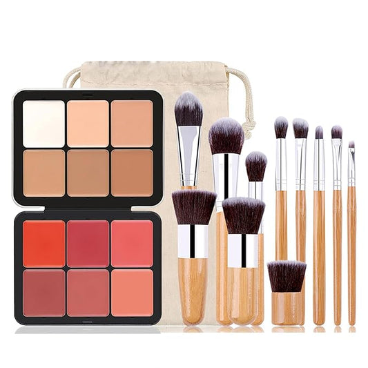 6 Colors Cream Blush Palette + 6 Colors Concealer Cream Contour Palette, Carla Secret Makeup Palette, Foundation Palette with 11 Pcs Makeup Brush Set, Long Wearing Blendable Full Coverage