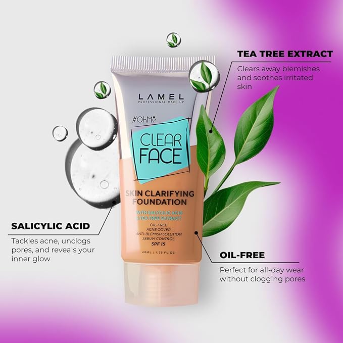 Lamel- Oh my Clear Face Foundation- SPF15-407 Meiduim Tan | Contains tea tree extract and salicylic acid |Controls sebum production |Anti-blemish formula |SPF 15 |Oil free foundation | 40ml