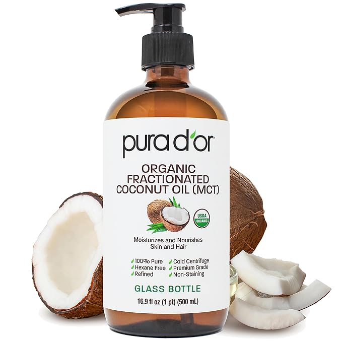 PURA D'OR 16.9 Oz ORGANIC Fractionated Coconut Oil MCT Oil (GLASS BOTTLE) 100% Pure & Natural USDA Certified Cold Pressed - Unscented, Hexane Free Moisturizer For Face, Skin & Hair Tonic - Men & Women