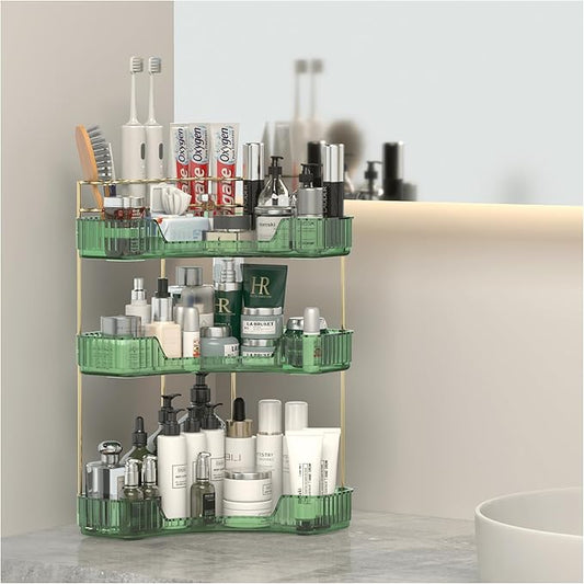 3 Tier Corner Bathroom Organizer Countertop, Vanity Makeup Organizer with Brush Holder, Space-Saving Skincare Storage Corner Shelf for Bathroom, Dressing Table, Kitchen