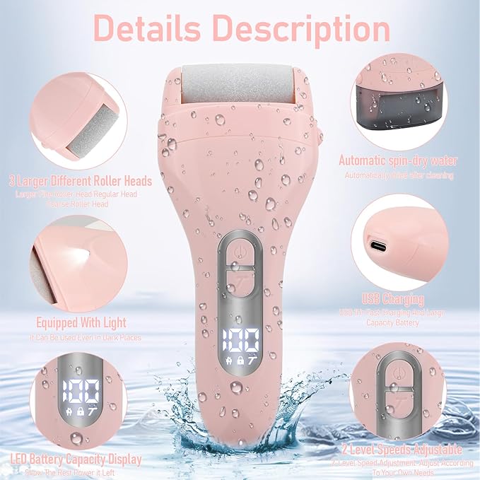 Electric Callus Remover for Feet - with 9pcs Larger Grinding Head, Portable Pedicure Kit Foot File Callus Remover, Rechargeable Waterproof Foot File for Foot Care Deadskin Remover LCD Display-Pink