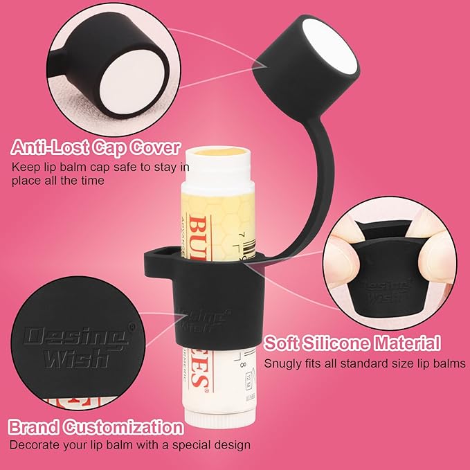 Desing Wish Silicone Lip Balm Holder with Silicone Zipper Pouch, Portable Lip Balm Keychain Sleeve - Silicone Storage Bag for Lip Balms/Small Cosmetics/Earphones/Keys - Black