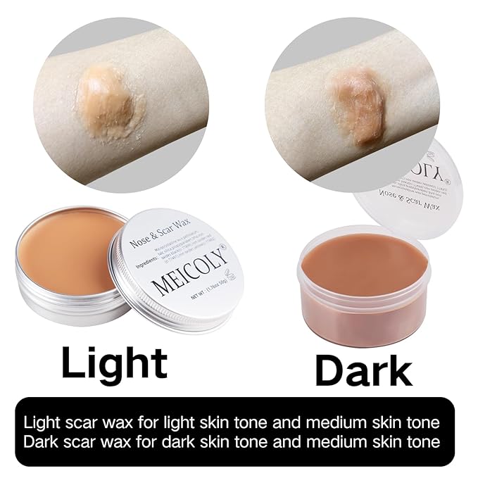MEICOLY 3Pcs Special Effects SFX Makeup Kit,Fake Nose Skin Putty Wax Makeup for Cosplay,Scar Wax Fake Scar Modeling Wax for Fake Cut Wound with Spatula,Fake Blood Scab Coagulated Blood Gel,Light