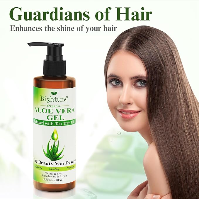 Organic Aloe Vera Gel with Tea Tree Oil for Face & Body, Freshly-cut Aloe Vera Gel Ideal for Skin, Scalp, & Hair Hydration, Calming Moisturizer for Soothing After Sun Care Relief, 6.93 oz