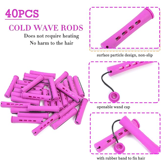 YOROSTAR Perm Rods Set for Natural Hair 40pcs Plastic Cold Wave Rods for Long Short Hair Rollers Large Hair Curling Rods for Women Purple