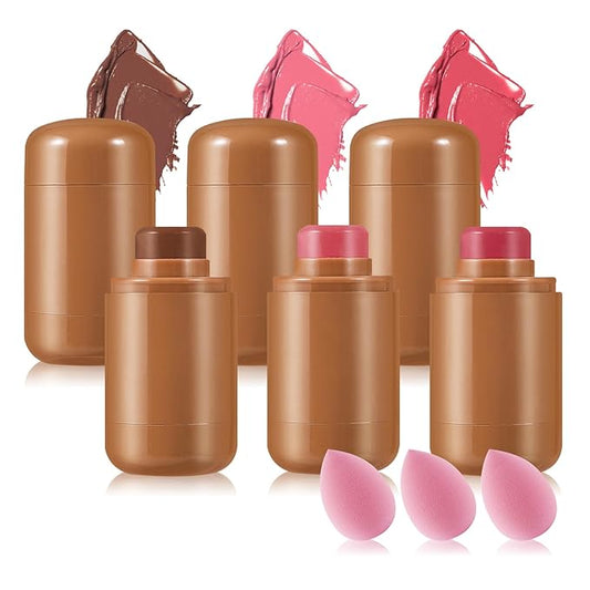 3PCS Blush Stick for Cheeks,Multi-use Solid Matte Makeup Stick Blush Cream for Cheek Eyes and Lips Tint,Moisturizing Tinted Cream Blush,Natural Blendable Cheek Blusher with 3 Makeup Sponges A4