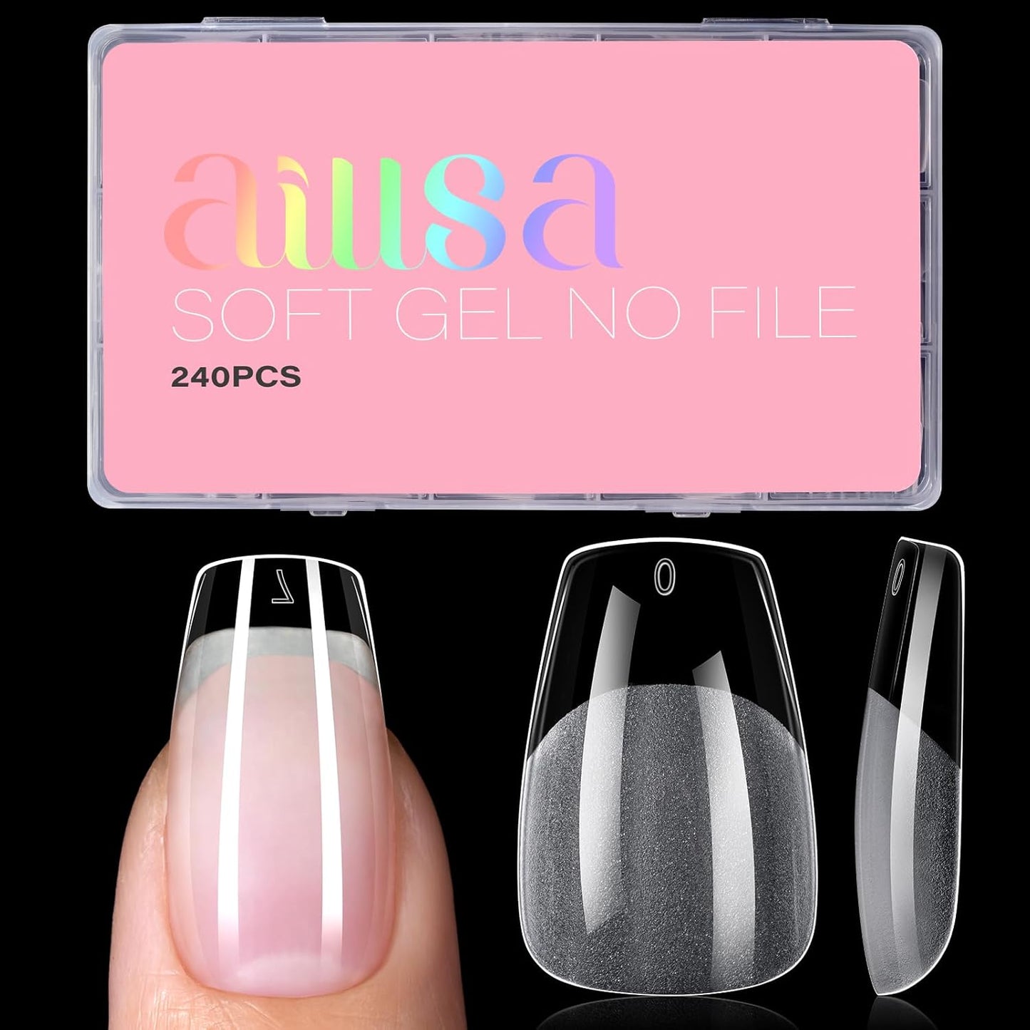 AILLSA Medium Coffin Nail Tips 240Pcs Soft Fake Nail Gel Tips Pre-Shaped Acrylic Nail Tips, Half Matte Full Cover Clear Tips False Press on for Extension Manicure Home DIY 15 Sizes Gelly Tips