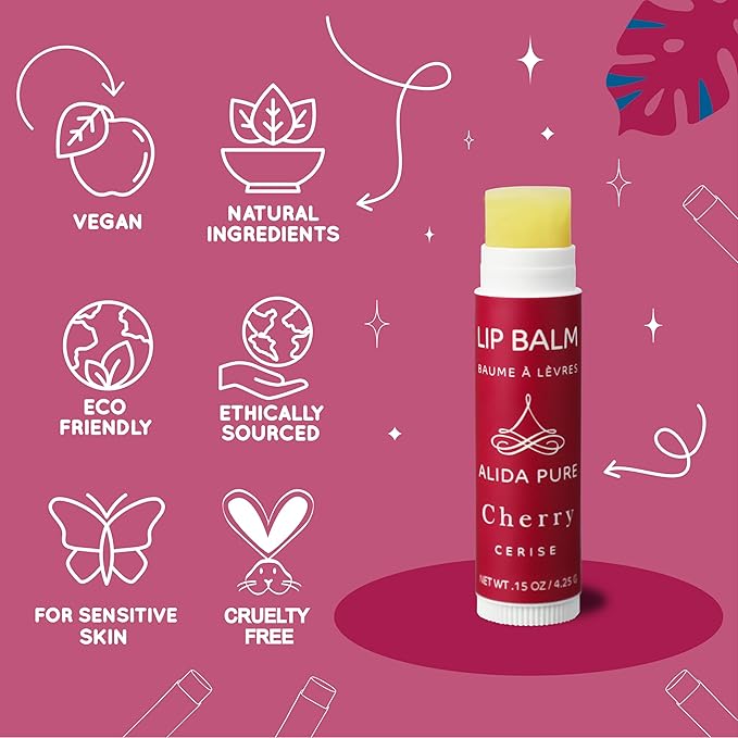Cherry Lip Balm Collection, Vegan Lip Balm Set, Beeswax Free, with Avocado Oil, Organic Jojoba Oil, and Vitamin E, Natural Moisturizer for Dry, Chapped Lips, 3 Tube Set