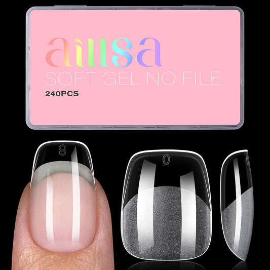 AILLSA Short Square Round Fake Nail Tips 240Pcs Soft Nail Gel Tips Pre-Shaped Acrylic Nail Tips, Half Matte Full Cover Press on False Tips for Nail Extension Home DIY 15 Sizes Gelly Tips