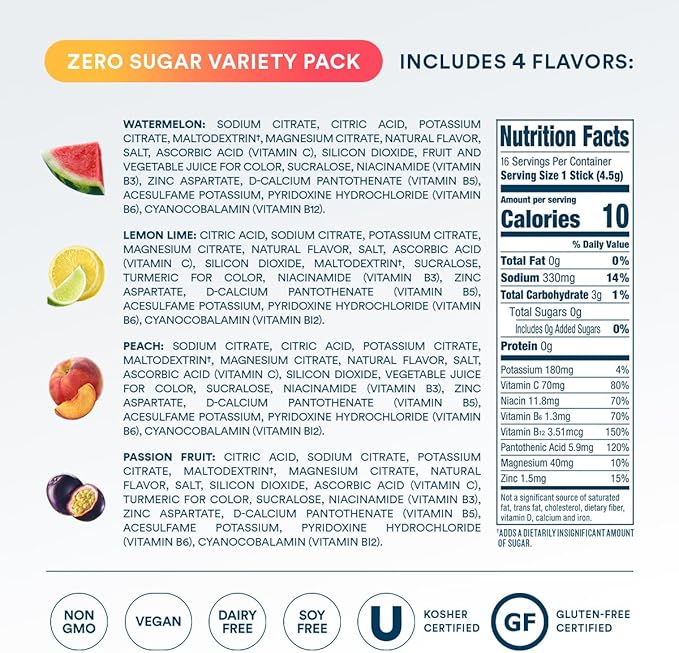 DripDrop Sugar Free Hydration Packets - Zero Classic Variety Pack - Single Serve Electrolytes Powder Drink Mix - Lemon Lime, Watermelon, Peach, Passion Fruit - Non-GMO, Gluten Free, Vegan - 16 Sticks