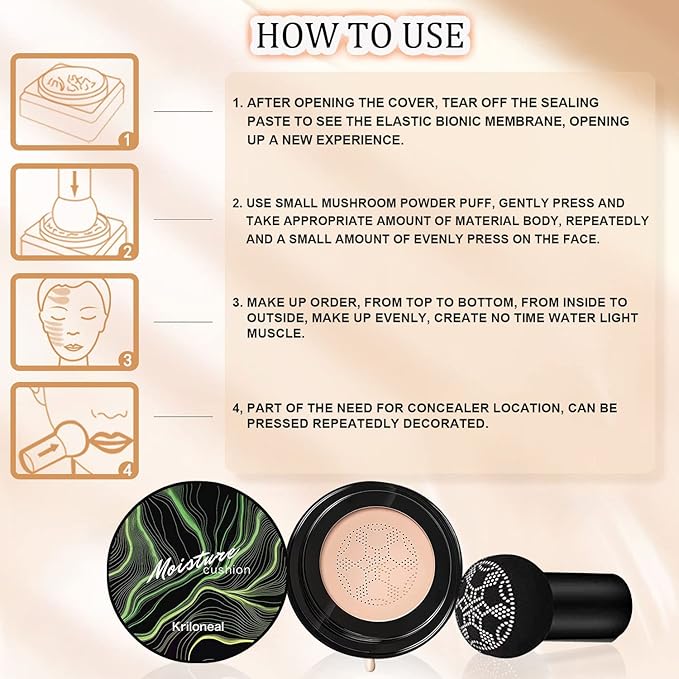 CC Cream Foundation Mushroom Head Air Cushion Face Makeup Moisturizing Concealer Waterproof Oil Control Long-Lasting Nude Makeup Even Skin Tone for All Skin Types (Light Brown)