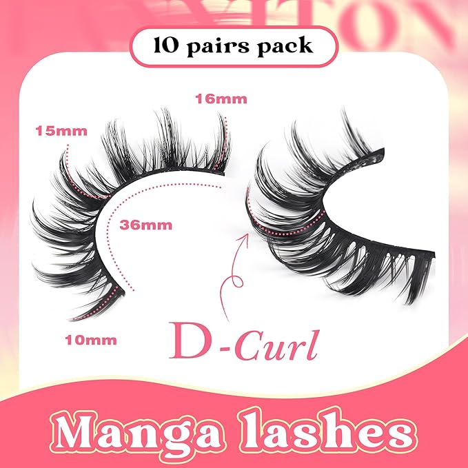 False Eyelashes Manga Lashes 10 Pairs False Eyelashes Japanese Style D Anime Lashes Natural Cosplay Lashes Natural Look 15 MM Wispy Faux Mink Lashes Full Strip Doll Lashes by FANXITON