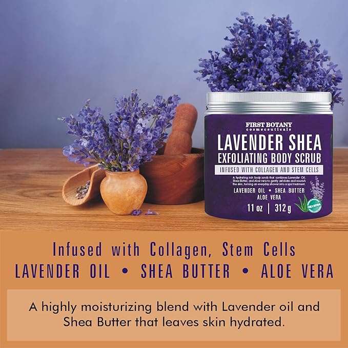 First Botany Body Scrub - Natural Exfoliating Salt Scrub & Body and Face Souffle helps with Moisturizing Skin, Acne, Cellulite, Dead Skin Scars, Wrinkles (10 fl oz, Lavender)