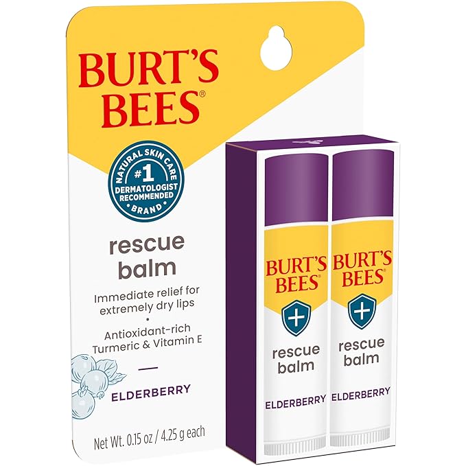 Burt's Bees Rescue Balm Elderberry Lip Balm, With Antioxidant-Rich Elderberry, Tint-Free, Natural Origin Lip Care, 2 Tubes, 0.15 oz.