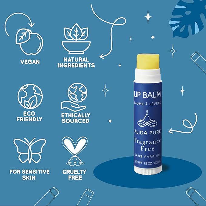 Fragrance Free Lip Balm, Vegan Lip Balm Set, Unscented, No Flavor, Beeswax Free, Organic Jojoba Oil, Avocado Oil, Vitamin E, Natural Moisturizer for Dry, Chapped, or Cracked Lips 5 Tube Set