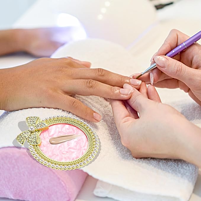 Resin Nail Art Palette, Nail Art Painting Mixed Color Palette Bow Decorated Nail Art Display Board with Pearls Nail Art Supplies Makeup Foundation Mixing Palette Manicure Tool