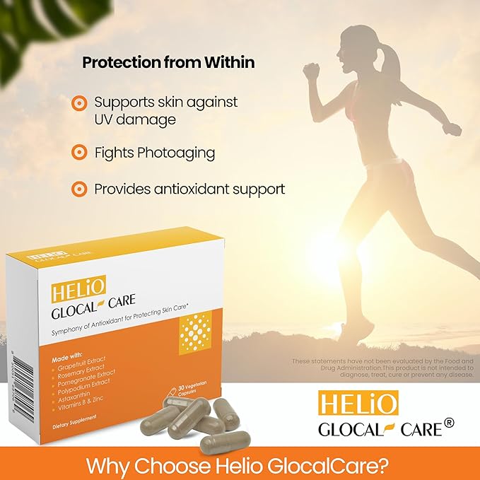 GlocalCare Helio – Antioxidant-Rich Sun Defense & Skin Rejuvenation Supplement with Polypodium, Nutroxsun, Astaxanthin & Pomegranate Extract - Fights Photoaging & Oxidative Stress - (30 Capsules)