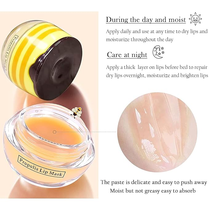 Bee Lip Mask Balm Honey Pot, 2PCS Honey Lip Sleeping Mask Hydrating Prevention Dry and Cracked Lip Scrubs Exfoliator, Overnight Lip Mask Reduces Lip Lines