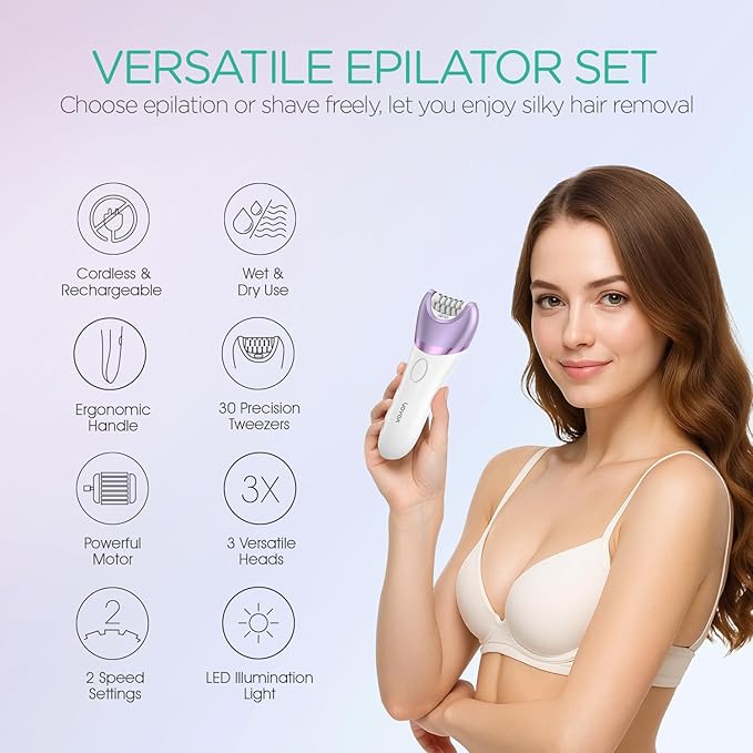 VOYOR Epilator for Women, Cordless Epilators Hair Removal for Women, 3 in 1 Hair Removal Device for Leg Arm Face with 30 Tweezers, Rechargeable Wet & Dry Electric Lady Shaver & Trimmer BM300 (Purple)