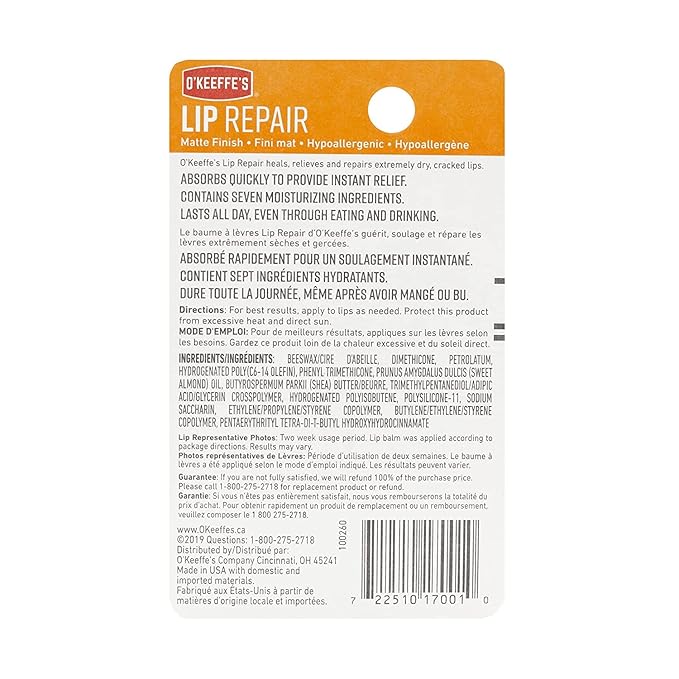 O'Keeffe's Unscented Lip Repair Lip Balm for Dry, Cracked Lips, Stick, (Pack of 5)