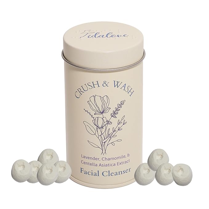 3-in-1 Solid Facial Cleanser, Exfoliator, and Wash-off Mask - Vegan, Cruelty-Free, Plastic-Free, Travel-Friendly, 1 Month Supply (60 Crushable Tablets) in Tin (Calming Beans in Tin)