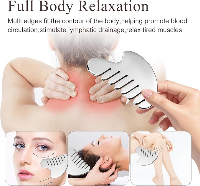 Gua Sha Facial Tool and Face Roller Set, Stainless Steel Lymphatic Drainage Massager for Face, Head, Eyes, Chin and Jaw, Lifting, Massage Scraping with Travel Pouch