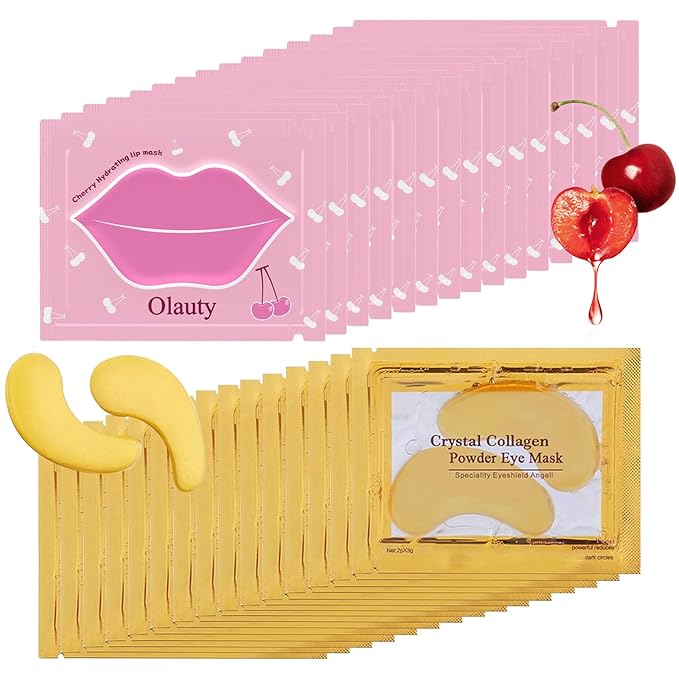 30 Pairs Cherry Lip Masks & 24K Gold Under Eye Patches, Gel Crystal Collagen Lip & Eye Patches for Puffy Eyes, Effectively Moisturizing Nourishes Lip & Eye Skin for Reducing Fine Lines & Dark Circle