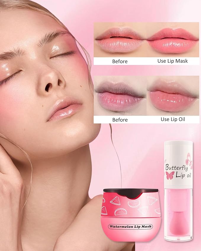 2Pcs Watermelon Lip Balm Honey Pot Lip Mask & Lip Glowy Oil Lip Care Set, Propolis Moisturizing & Nourish Hydrating Lip Gloss Repair, Reduce Lip Line & Plump Dry Cracked Lip Scrub Exfoliator -Set C