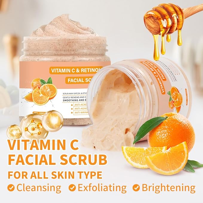 Vitamin C Face Scrub, Exfoliating Facial Wash with Retinol, Facial Scrub,Facial Exfoliating Scrub, Facial Scrubs for Women,Deep Cleansing Face Wash Cleanser for Women Men