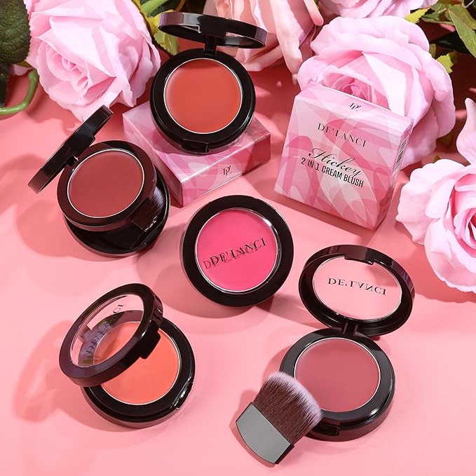 DE'LANCI 2 In 1 Cream Blush for Cheeks & Lips & Eyeshadow in a Waterproof Smooth Moisturizing Creamy Formula, Buildable Lightweight Red Blush Balm with Built-in Brush and Mirror, Easy to Use, Rust