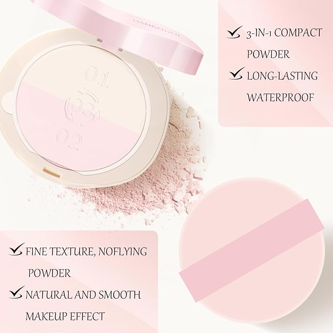 Pink Setting Powder, 3 in 1 Blush Palette with Puff, Highlighter Palette, Fine Texture Blush Pressed Powder, Setting Powder Makeup, Korea Makeup - Purple