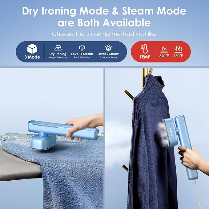 FEPPO Travel Steamer for Clothes, 110-240V Dual Voltage Portable Mini Steamer & Iron 2in1, 1100W Powerful Garment Steamer, Fast Heat Up, Travel Size, HD Display, for Home & Global & Europe Travel